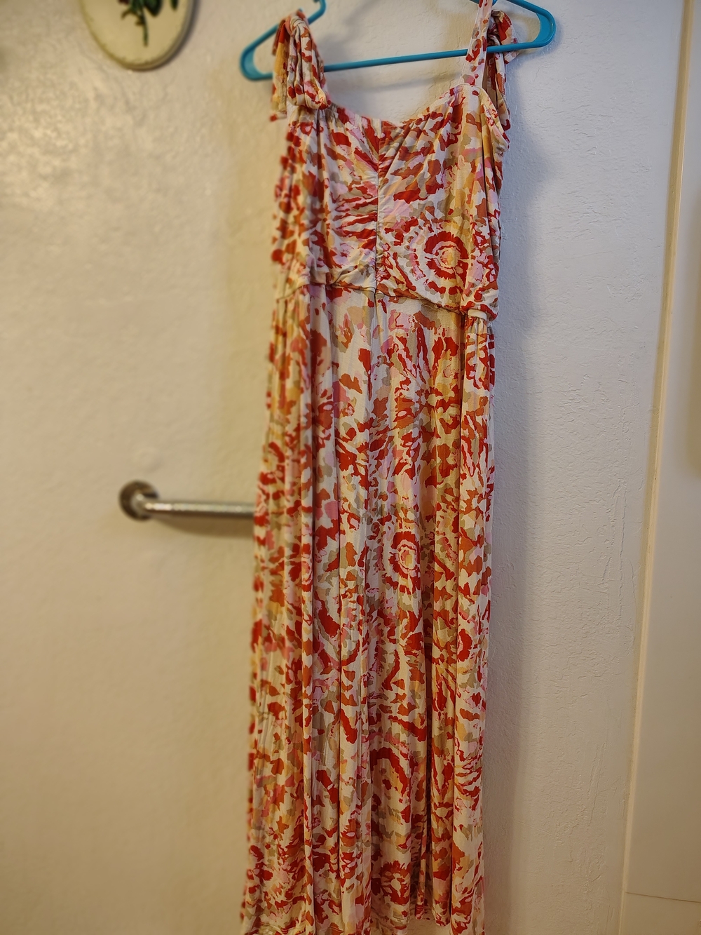 Floral Tie-Shoulder Maxi Dress in Red-Orange and Cream